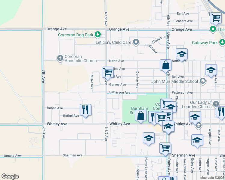 map of restaurants, bars, coffee shops, grocery stores, and more near 2420 Patterson Avenue in Corcoran