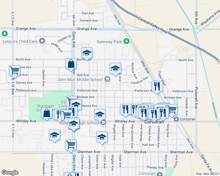map of restaurants, bars, coffee shops, grocery stores, and more near 1520 Patterson Avenue in Corcoran