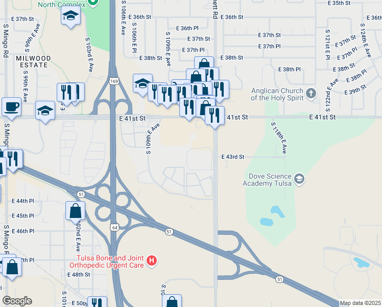 map of restaurants, bars, coffee shops, grocery stores, and more near 4326 South Garnett Road in Tulsa
