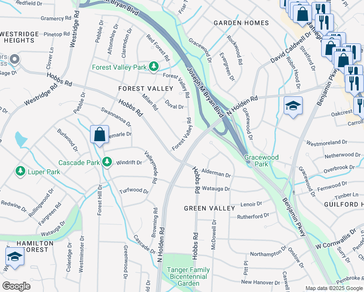 map of restaurants, bars, coffee shops, grocery stores, and more near 1504 Forest Valley Road in Greensboro
