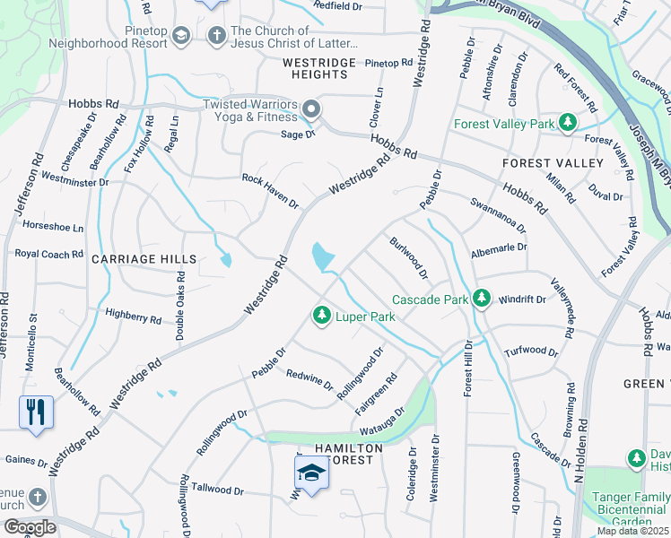 map of restaurants, bars, coffee shops, grocery stores, and more near 1209 Pebble Drive in Greensboro