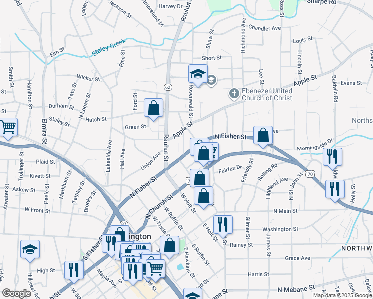map of restaurants, bars, coffee shops, grocery stores, and more near 526 North Fisher Street in Burlington