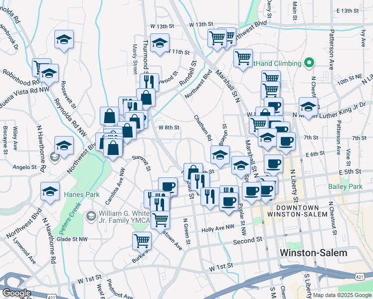 map of restaurants, bars, coffee shops, grocery stores, and more near 660 North Spring Street in Winston-Salem