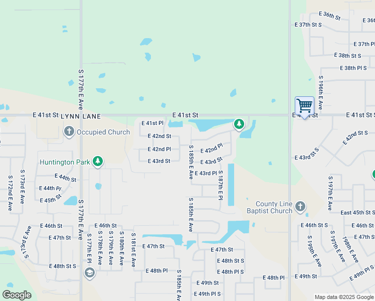 map of restaurants, bars, coffee shops, grocery stores, and more near 4224 South 185th East Avenue in Tulsa