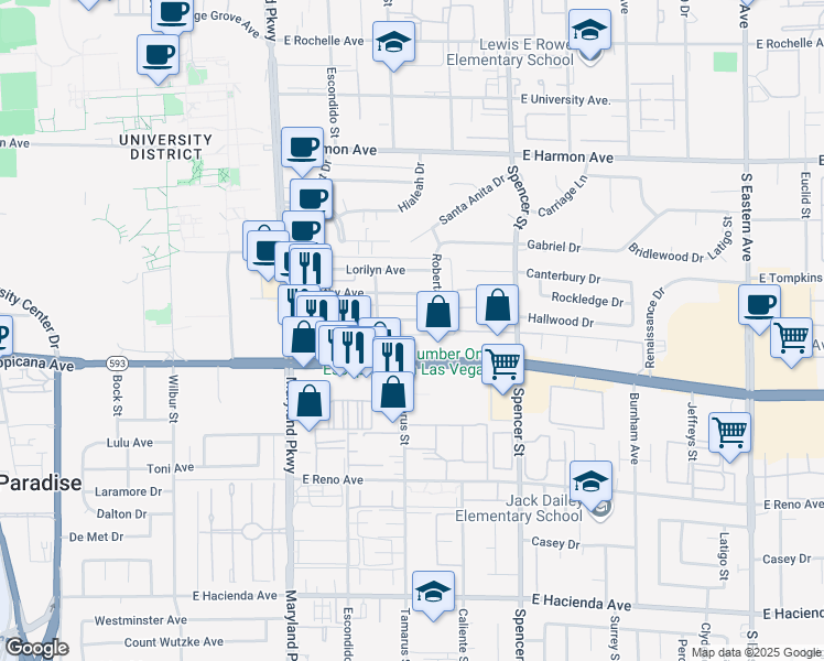 map of restaurants, bars, coffee shops, grocery stores, and more near 1521 Elizabeth Avenue in Las Vegas
