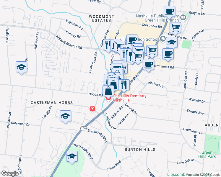 map of restaurants, bars, coffee shops, grocery stores, and more near 4107 Hillsboro Circle in Nashville