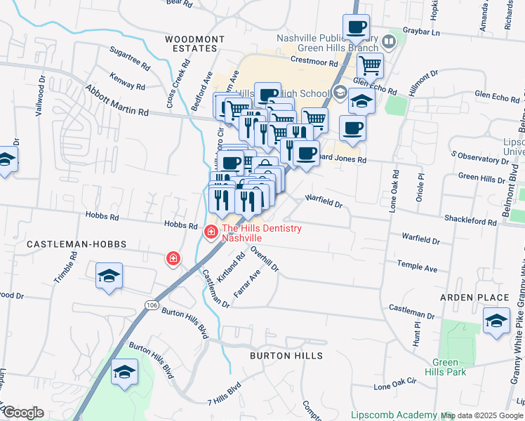 map of restaurants, bars, coffee shops, grocery stores, and more near 4106 Hillsboro Pike in Nashville