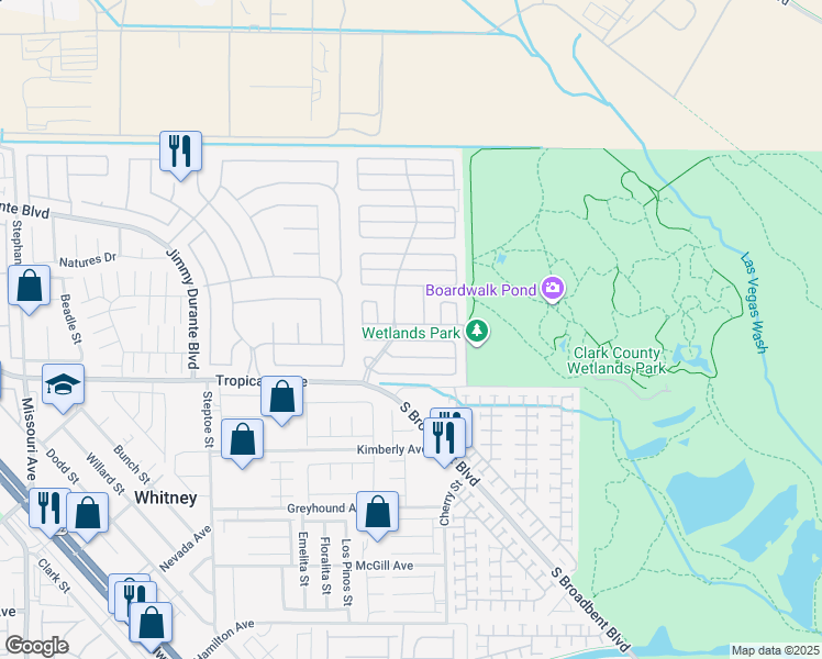 map of restaurants, bars, coffee shops, grocery stores, and more near 6420 East Tropicana Avenue in Las Vegas