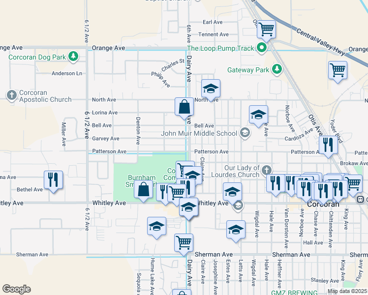 map of restaurants, bars, coffee shops, grocery stores, and more near 2004 Patterson Ave in Corcoran