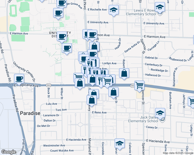 map of restaurants, bars, coffee shops, grocery stores, and more near 1307 Elizabeth Avenue in Las Vegas