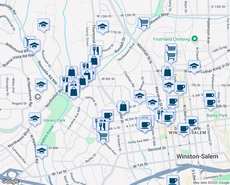 map of restaurants, bars, coffee shops, grocery stores, and more near 660 North Spring Street in Winston-Salem
