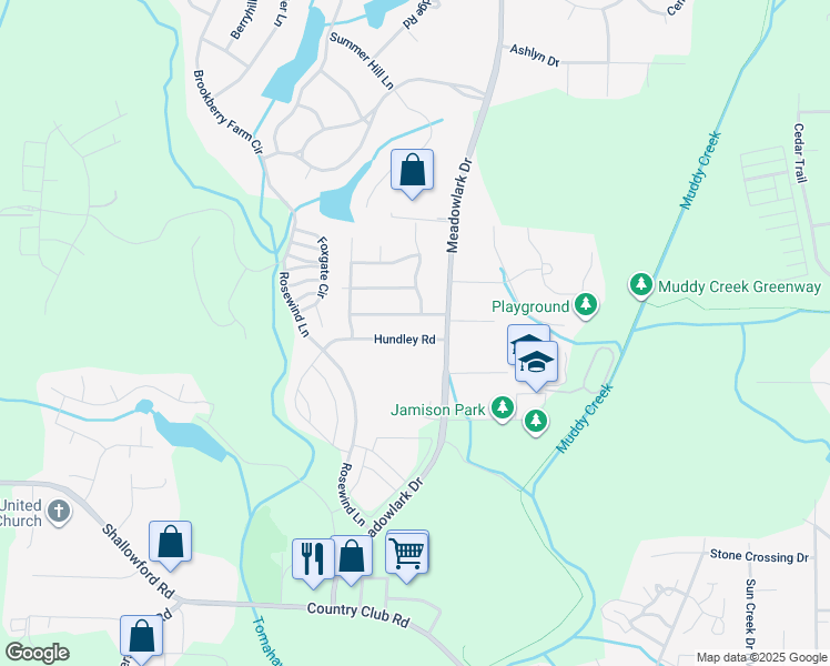 map of restaurants, bars, coffee shops, grocery stores, and more near 5425 Hundley Road in Winston-Salem