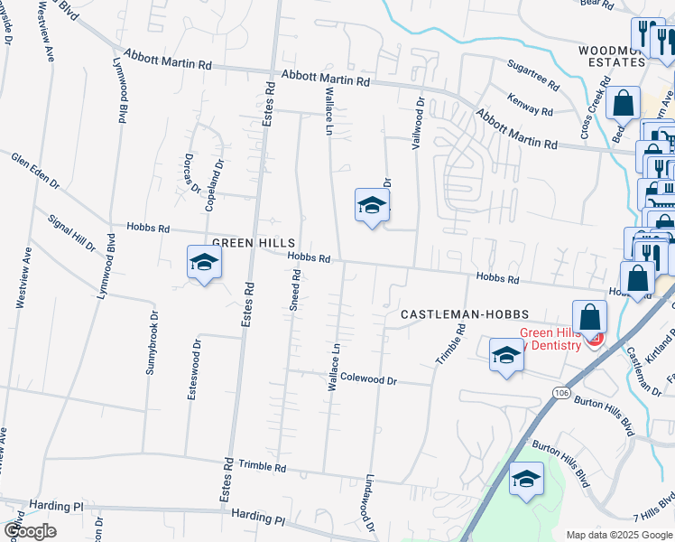 map of restaurants, bars, coffee shops, grocery stores, and more near 3605 Hobbs Road in Nashville