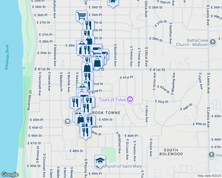 map of restaurants, bars, coffee shops, grocery stores, and more near 4213 South Rockford Avenue in Tulsa