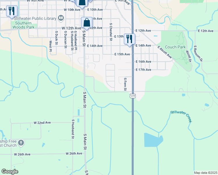 map of restaurants, bars, coffee shops, grocery stores, and more near 1832 South Lowry Street in Stillwater