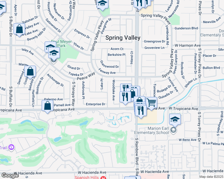 map of restaurants, bars, coffee shops, grocery stores, and more near 4777 Woodlake Avenue in Las Vegas