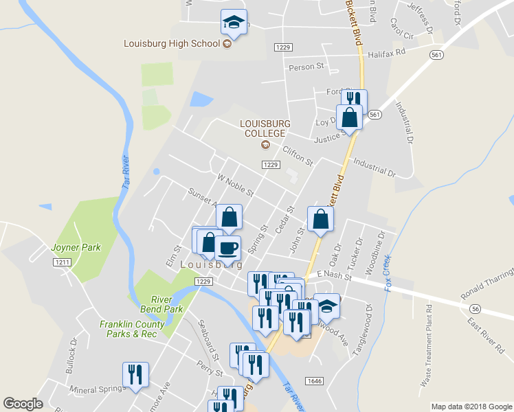 map of restaurants, bars, coffee shops, grocery stores, and more near 308 North Main Street in Louisburg