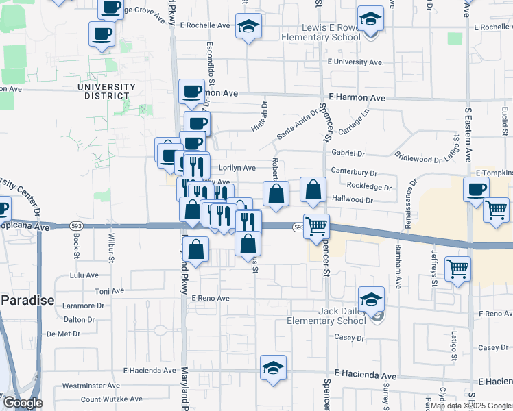 map of restaurants, bars, coffee shops, grocery stores, and more near 1507 Elizabeth Avenue in Las Vegas