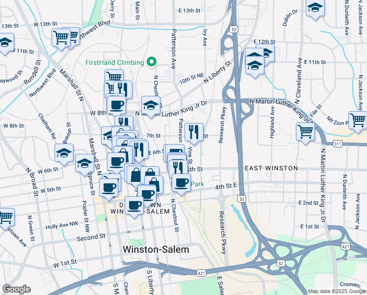 map of restaurants, bars, coffee shops, grocery stores, and more near 623 Patterson Avenue in Winston-Salem