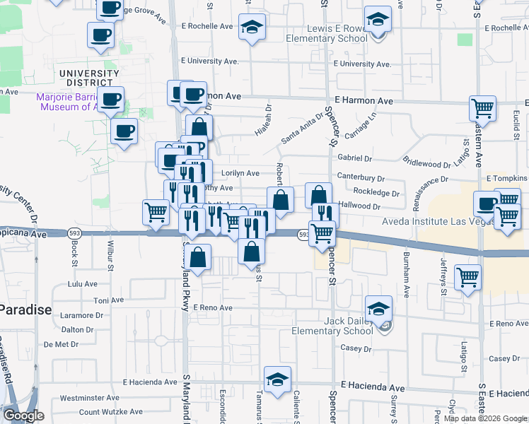 map of restaurants, bars, coffee shops, grocery stores, and more near 1521 Elizabeth Avenue in Las Vegas