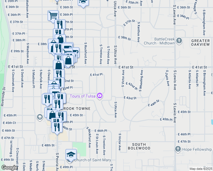 map of restaurants, bars, coffee shops, grocery stores, and more near 4163 South Trenton Avenue in Tulsa