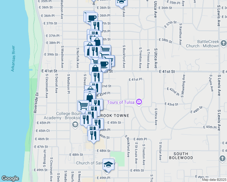 map of restaurants, bars, coffee shops, grocery stores, and more near 1363 East 42nd Place in Tulsa
