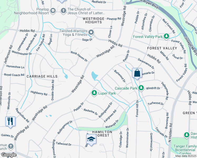 map of restaurants, bars, coffee shops, grocery stores, and more near 1209 Pebble Drive in Greensboro