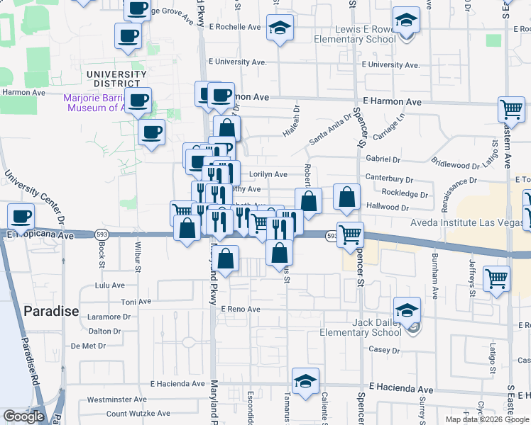 map of restaurants, bars, coffee shops, grocery stores, and more near 1417 Elizabeth Avenue in Las Vegas