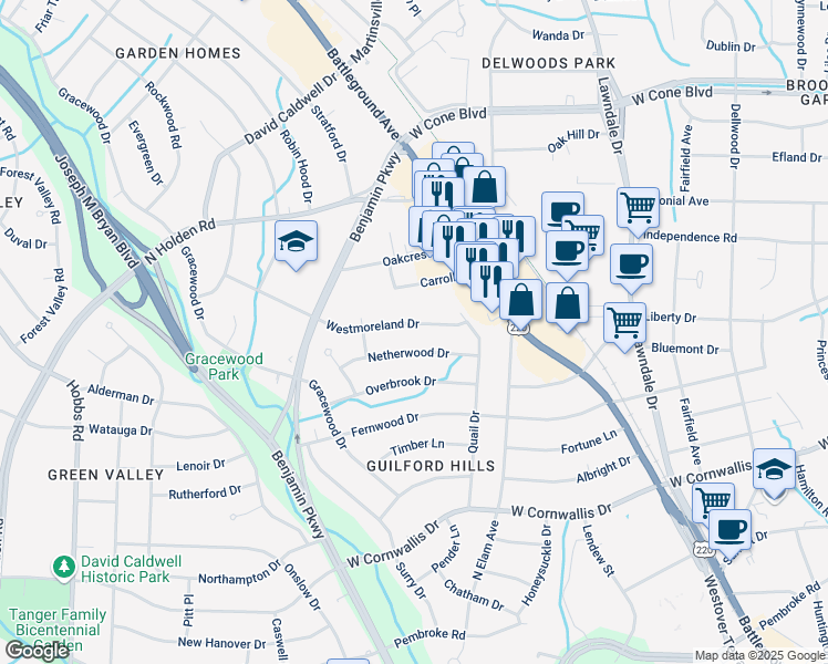 map of restaurants, bars, coffee shops, grocery stores, and more near 2509 Westmoreland Drive in Greensboro
