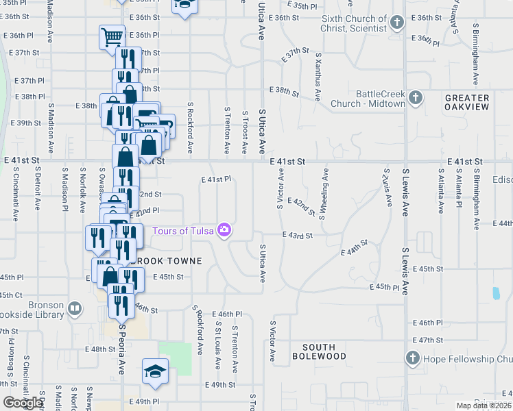 map of restaurants, bars, coffee shops, grocery stores, and more near 4161 South Troost Place in Tulsa