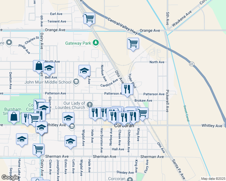 map of restaurants, bars, coffee shops, grocery stores, and more near 731 Norboe Avenue in Corcoran