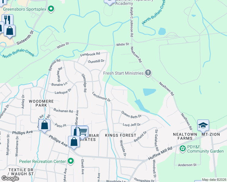 map of restaurants, bars, coffee shops, grocery stores, and more near 1804 Prince Albert Drive in Greensboro