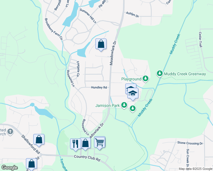 map of restaurants, bars, coffee shops, grocery stores, and more near 5407 Hundley Road in Winston-Salem