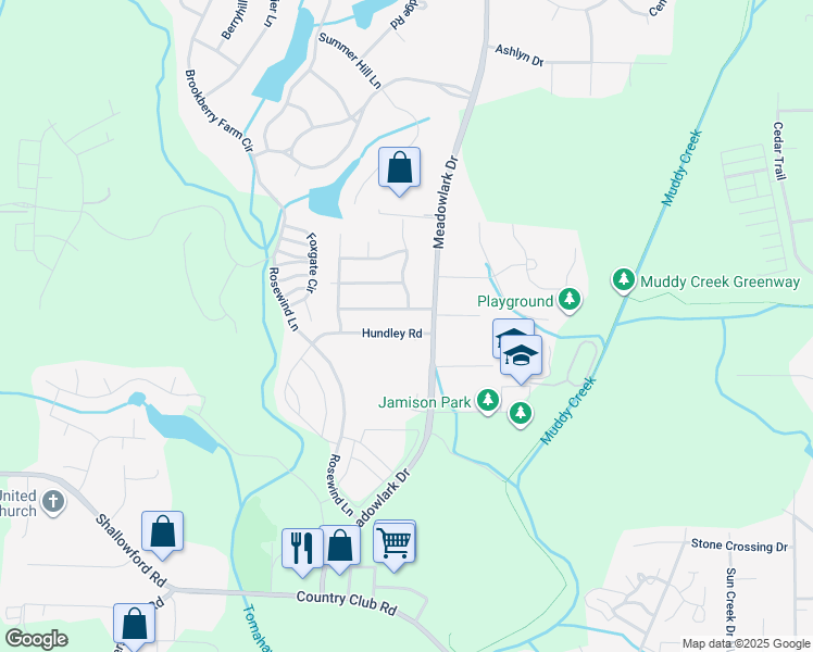 map of restaurants, bars, coffee shops, grocery stores, and more near 5419 Hundley Road in Winston-Salem