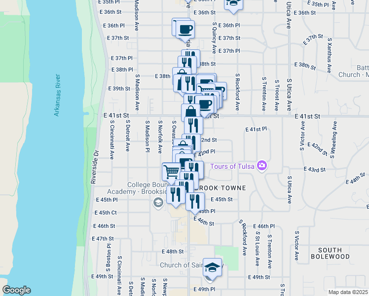 map of restaurants, bars, coffee shops, grocery stores, and more near 4208 South Peoria Avenue in Tulsa