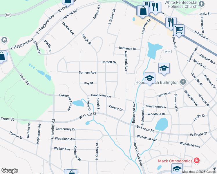 map of restaurants, bars, coffee shops, grocery stores, and more near 1417 McCuiston Drive in Burlington