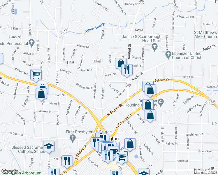 map of restaurants, bars, coffee shops, grocery stores, and more near 526 Storey Street in Burlington