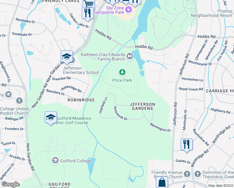 map of restaurants, bars, coffee shops, grocery stores, and more near 5408 Ainsworth Drive in Greensboro