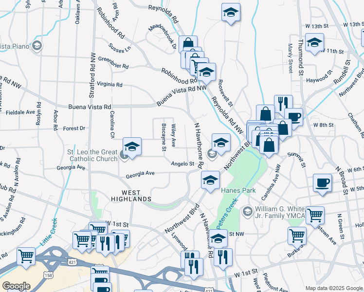 map of restaurants, bars, coffee shops, grocery stores, and more near 400 Horace Mann Avenue Northwest in Winston-Salem