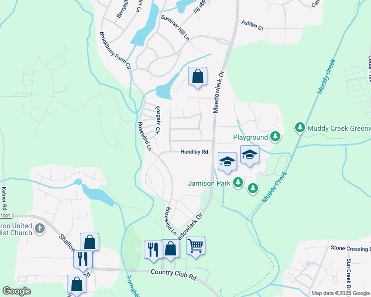 map of restaurants, bars, coffee shops, grocery stores, and more near 5449 Hundley Road in Winston-Salem