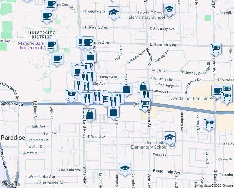 map of restaurants, bars, coffee shops, grocery stores, and more near 1507 Elizabeth Avenue in Las Vegas
