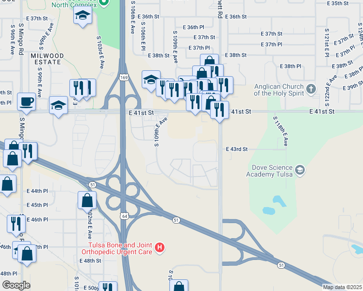 map of restaurants, bars, coffee shops, grocery stores, and more near 11063 East 43rd Street in Tulsa