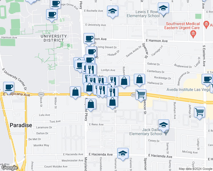 map of restaurants, bars, coffee shops, grocery stores, and more near 1417 Elizabeth Avenue in Las Vegas