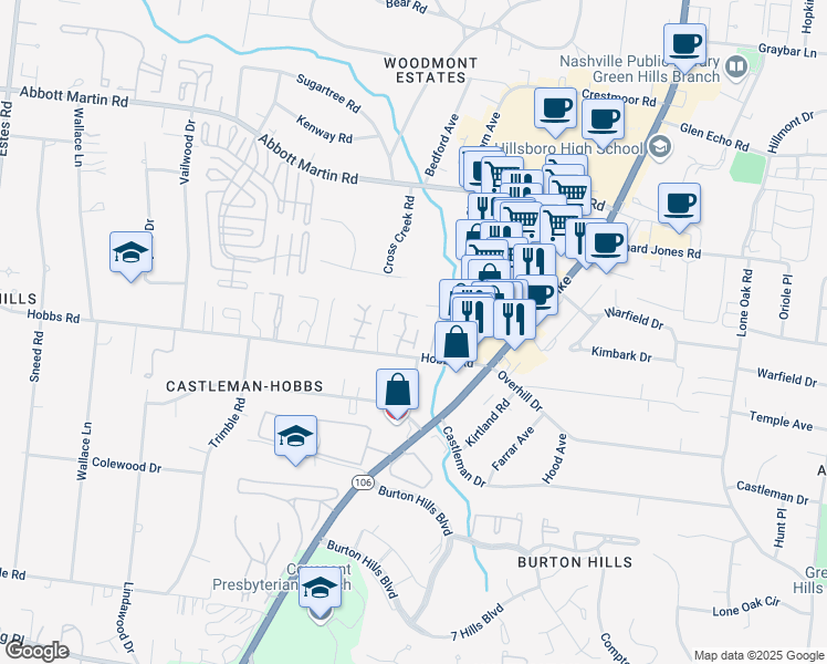 map of restaurants, bars, coffee shops, grocery stores, and more near 408 Village Hall in Nashville