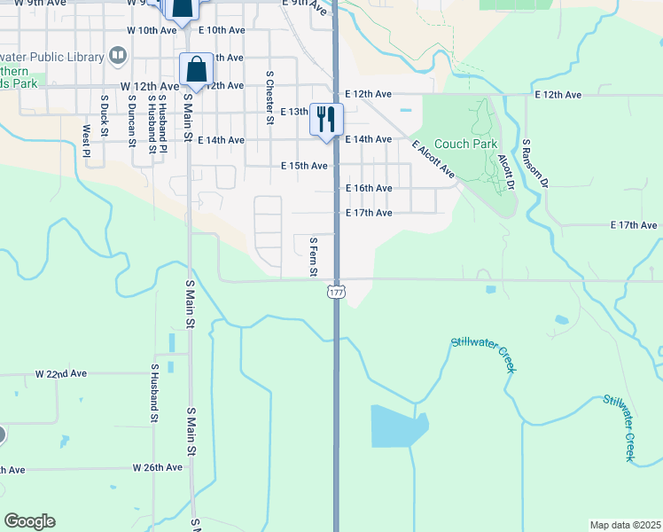 map of restaurants, bars, coffee shops, grocery stores, and more near 1820 U.S. 177 in Stillwater