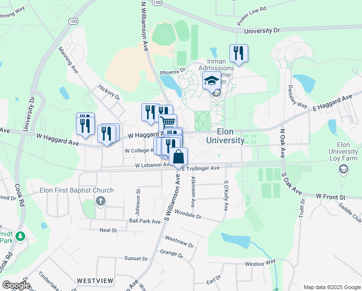 map of restaurants, bars, coffee shops, grocery stores, and more near 100 Dalton McMichael Drive in Elon
