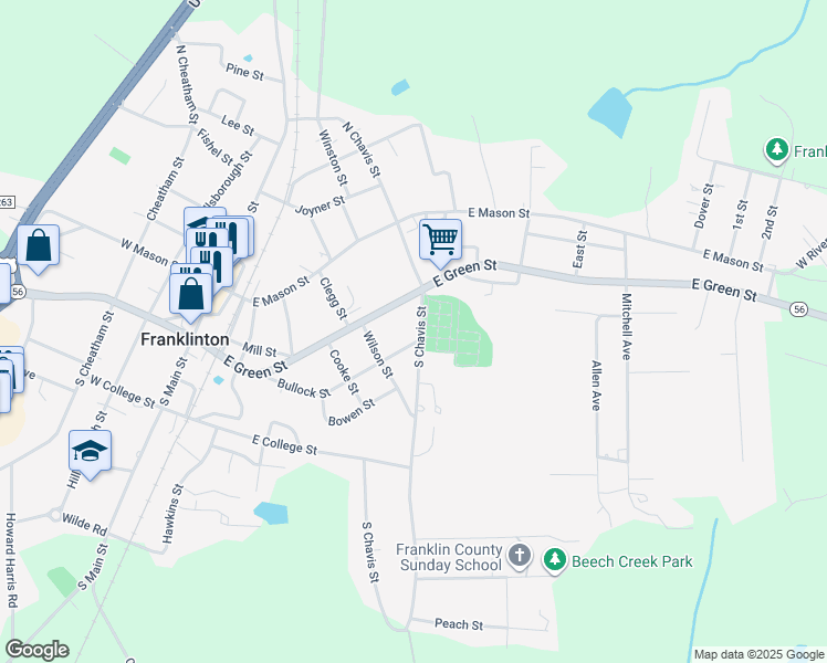 map of restaurants, bars, coffee shops, grocery stores, and more near 104 South Chavis Street in Franklinton