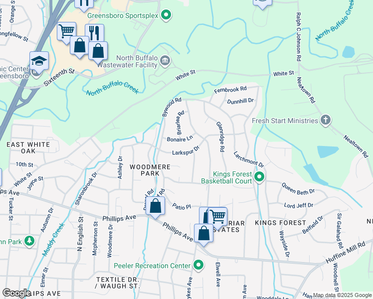 map of restaurants, bars, coffee shops, grocery stores, and more near 2319 Larkspur Drive in Greensboro