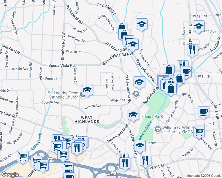 map of restaurants, bars, coffee shops, grocery stores, and more near 310 Wiley Avenue in Winston-Salem