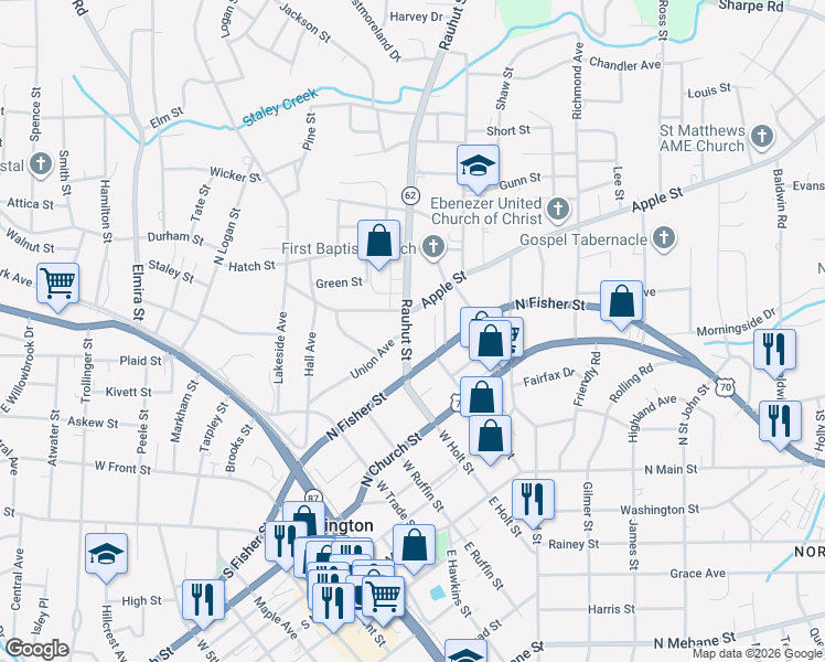 map of restaurants, bars, coffee shops, grocery stores, and more near 423 Rauhut Street in Burlington